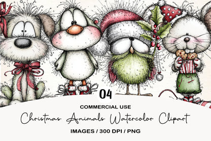 Christmas Animals Watercolor Clipart Bundle | Cute Holiday Animal PNG Collection | Festive Christmas Clipart