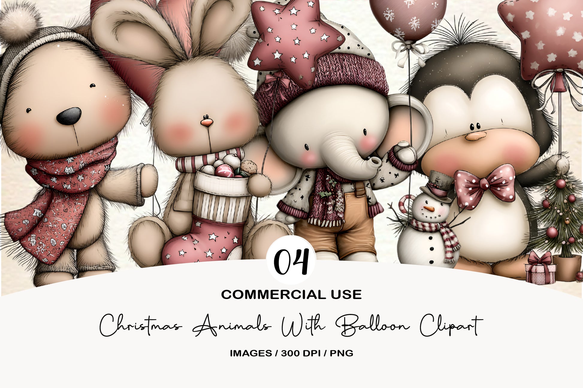 Christmas Animals With Balloon Clipart PNG