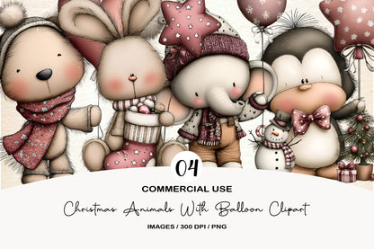Christmas Animals With Balloon Clipart PNG