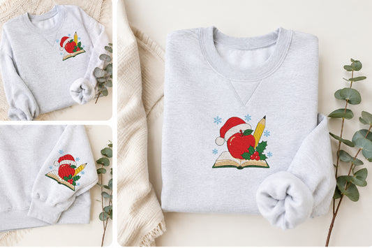 Christmas Apple Pencil Book Embroidery Design – Cute Christmas Book & Apple Machine Embroidery Pattern, Festive Teacher & School Holiday Design