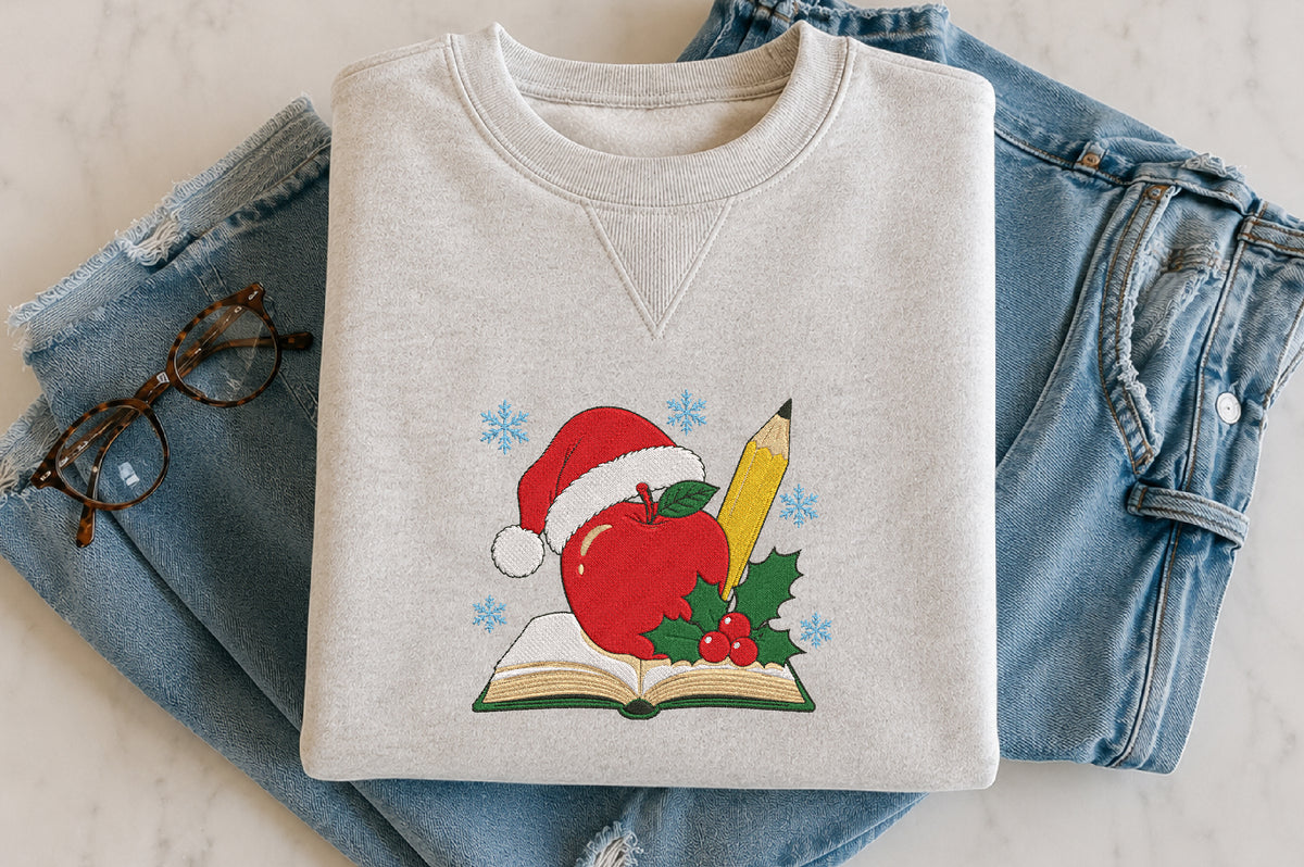 Christmas Apple Pencil Book Embroidery Design – Cute Christmas Book & Apple Machine Embroidery Pattern, Festive Teacher & School Holiday Design