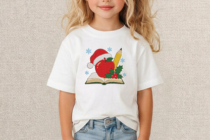 Christmas Apple Pencil Book Embroidery Design – Cute Christmas Book & Apple Machine Embroidery Pattern, Festive Teacher & School Holiday Design