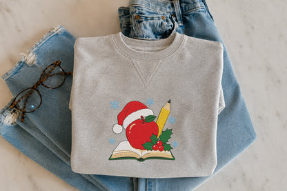 Christmas Apple Pencil Book Embroidery Design – Cute Christmas Book & Apple Machine Embroidery Pattern, Festive Teacher & School Holiday Design