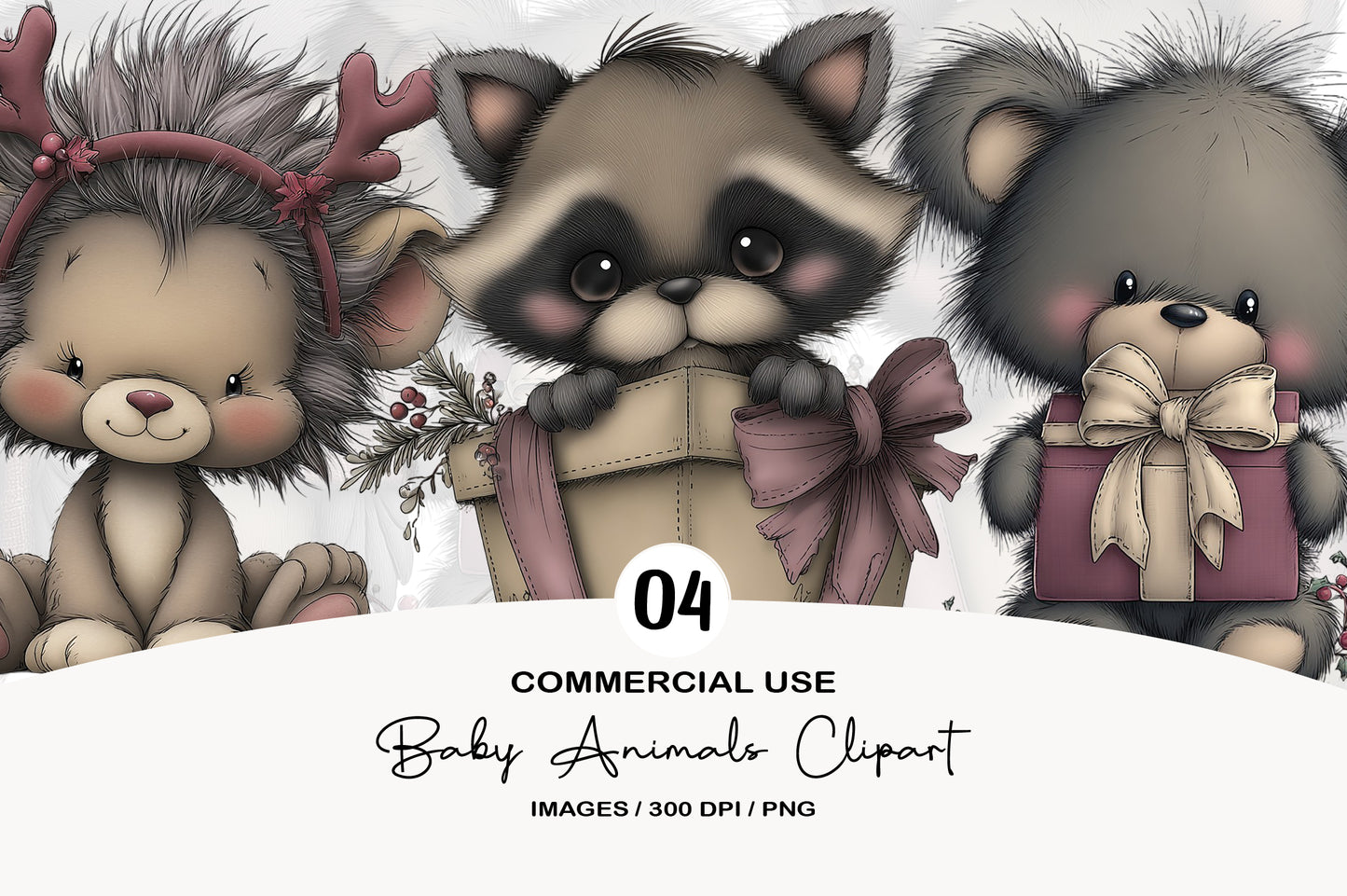Cute Christmas Baby Animals Clipart PNG
