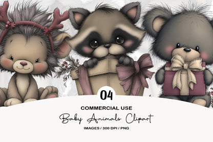 Cute Christmas Baby Animals Clipart PNG