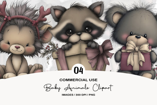Cute Christmas Baby Animals Clipart PNG