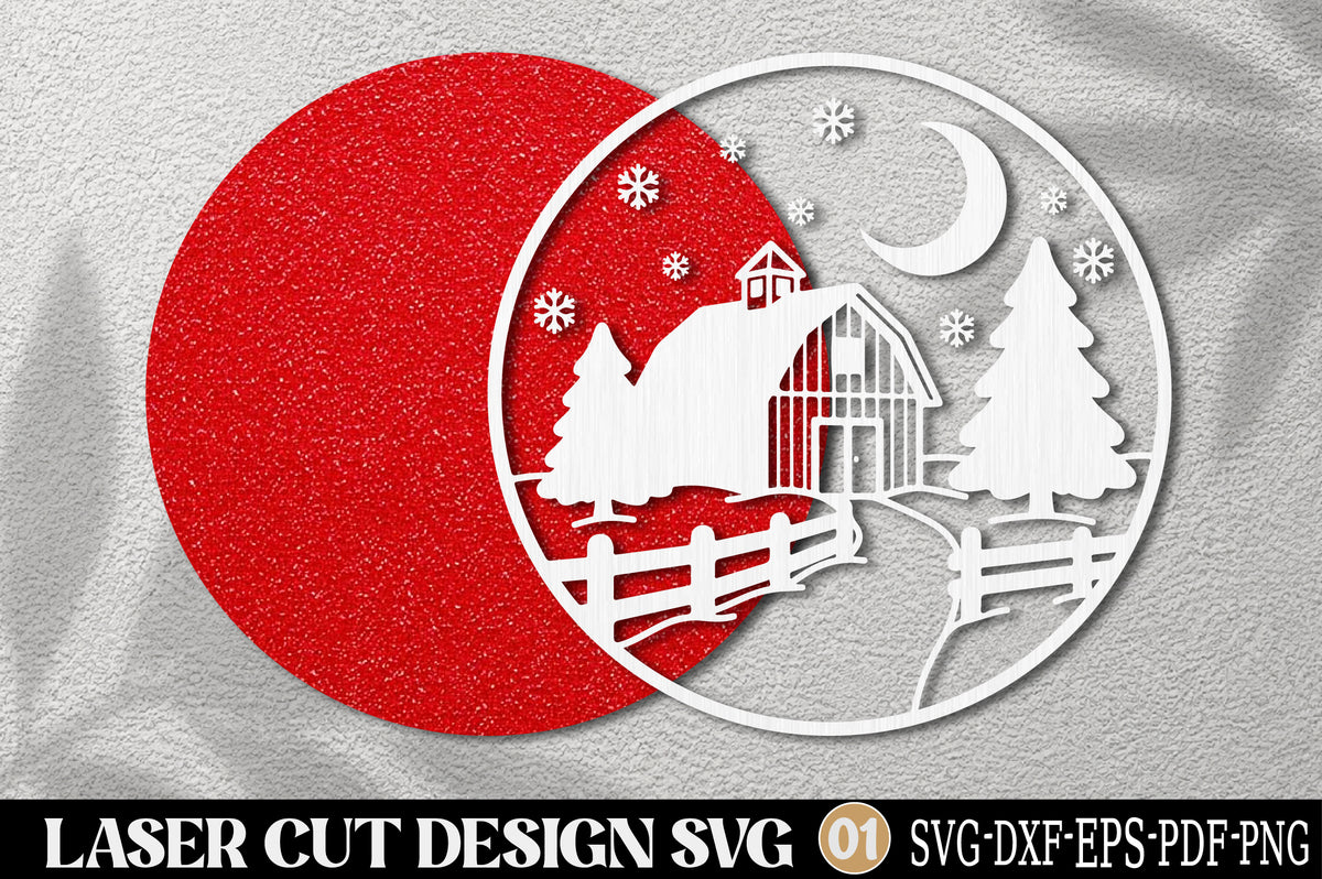 Christmas Barn Winter Scene Laser Cut SVG | Farmhouse Christmas Ornament