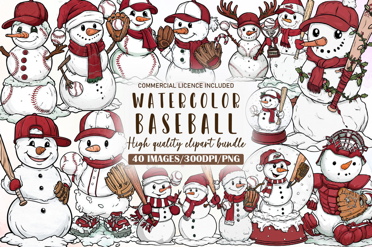 Christmas Baseball Snowman Clipart PNG Bundle