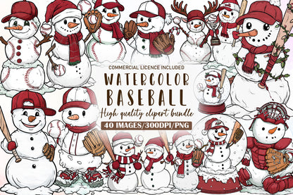 Christmas Baseball Snowman Clipart PNG Bundle