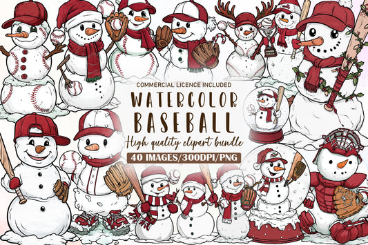 Christmas Baseball Snowman Clipart PNG Bundle