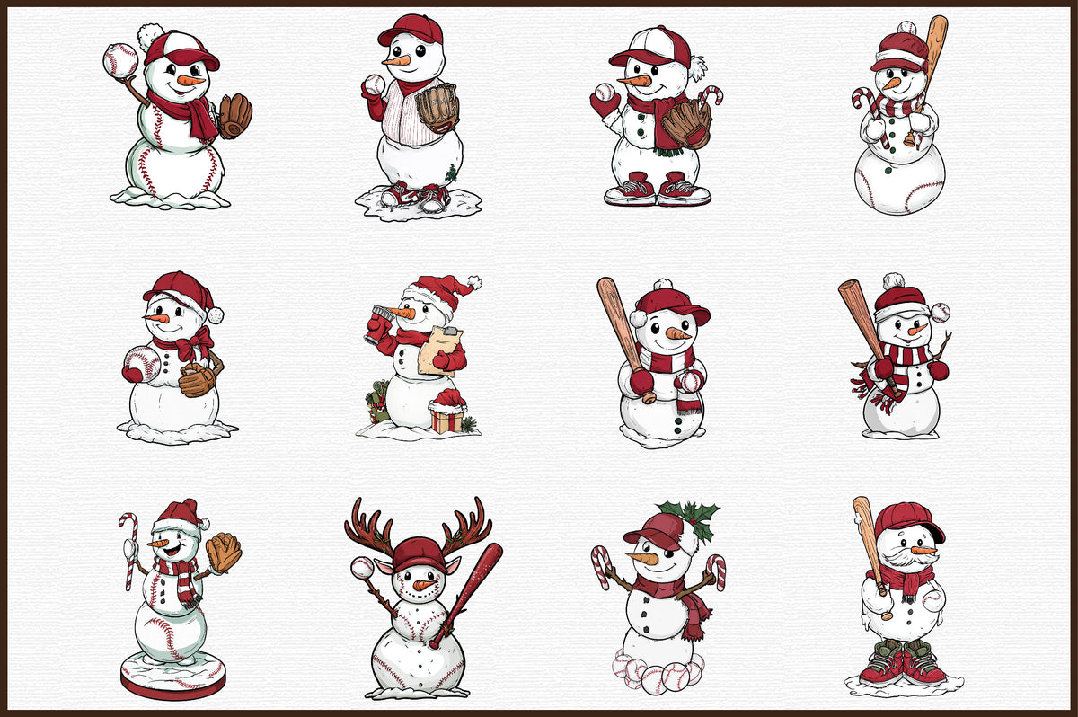 Christmas Baseball Snowman Clipart PNG Bundle