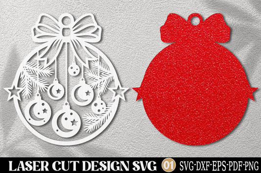 Christmas Bauble Laser Cut SVG | Bow & Hanging Ornaments Design