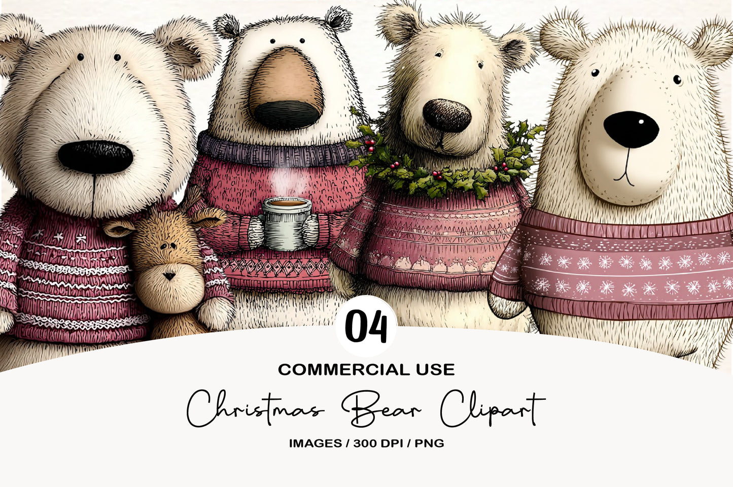 Christmas Bear Clipart PNG Bundle | Cute Watercolor Holiday Bear Clipart | Festive Winter Bear PNG