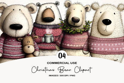 Christmas Bear Clipart PNG Bundle | Cute Watercolor Holiday Bear Clipart | Festive Winter Bear PNG