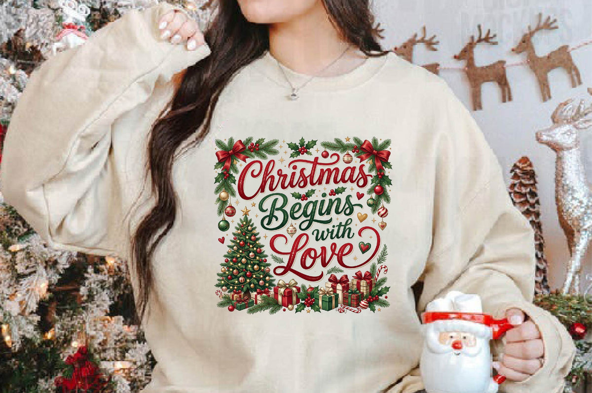Christmas Begins With Love PNG, Christmas Tree Gift Holiday Sublimation Design, Festive Xmas Shirt