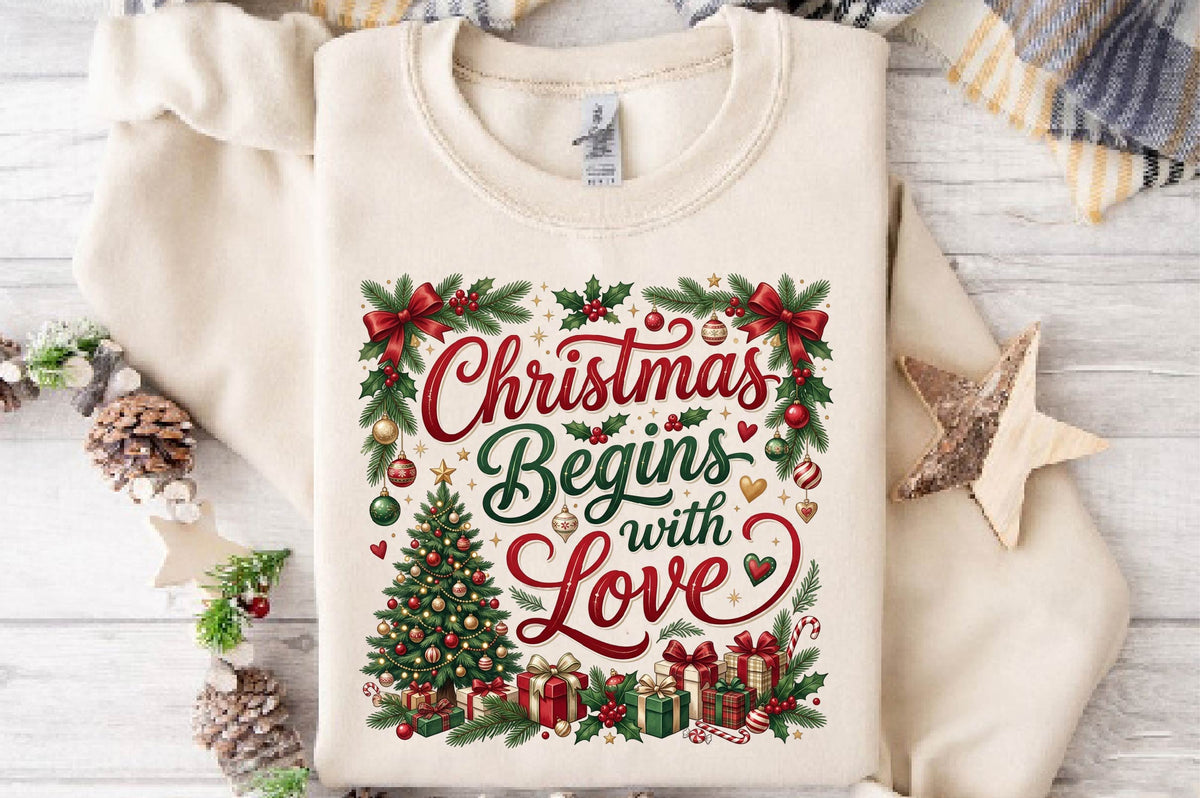 Christmas Begins With Love PNG, Christmas Tree Gift Holiday Sublimation Design, Festive Xmas Shirt