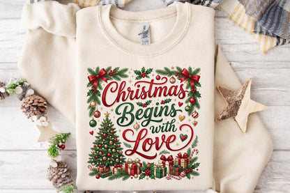 Christmas Begins With Love PNG, Christmas Tree Gift Holiday Sublimation Design, Festive Xmas Shirt