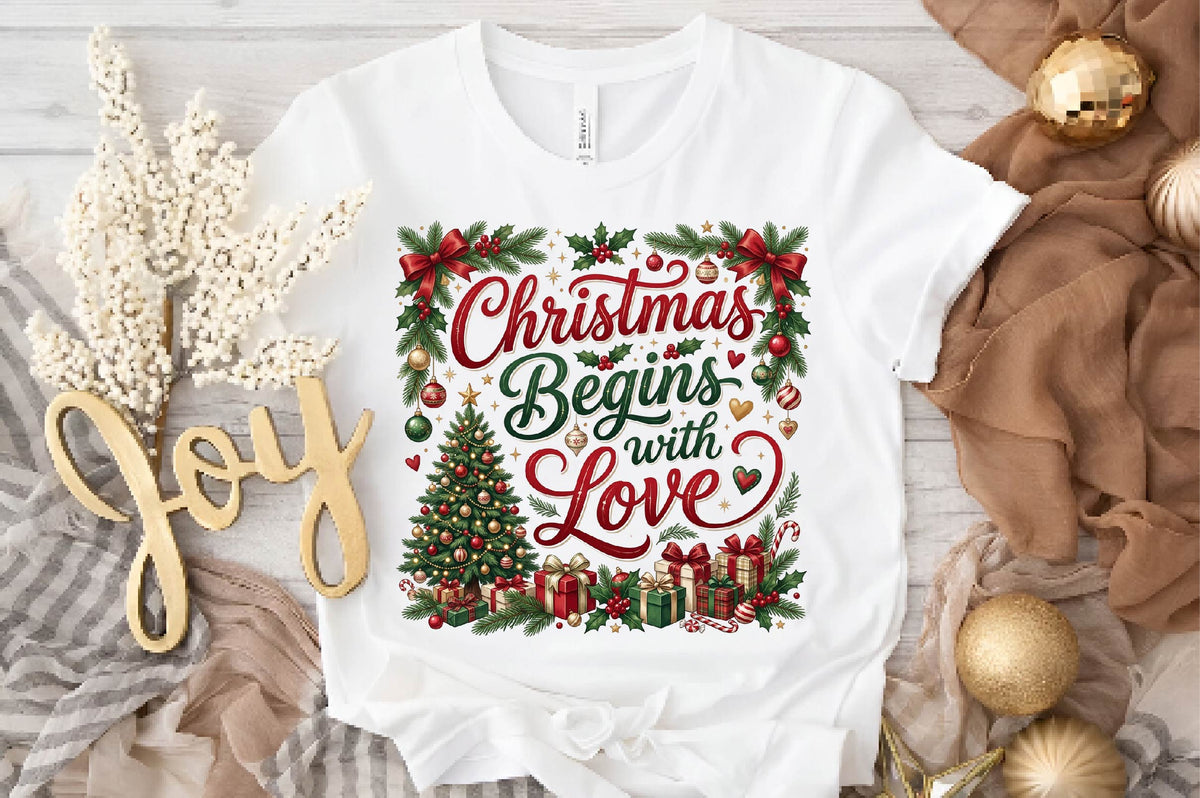 Christmas Begins With Love PNG, Christmas Tree Gift Holiday Sublimation Design, Festive Xmas Shirt