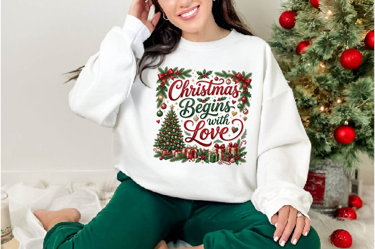 Christmas Begins With Love PNG, Christmas Tree Gift Holiday Sublimation Design, Festive Xmas Shirt
