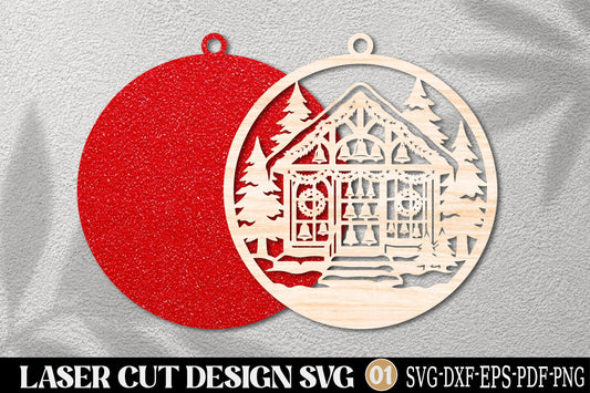 Christmas Bell Cabin Laser Cut Ornament SVG | Winter Cabin Christmas Decoration