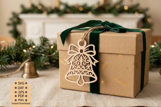 Christmas Bell Gift Tag Laser Cut SVG, Christmas Gift Tag Cut File, Bell Gift Tag SVG, Holiday Gift Packaging Design