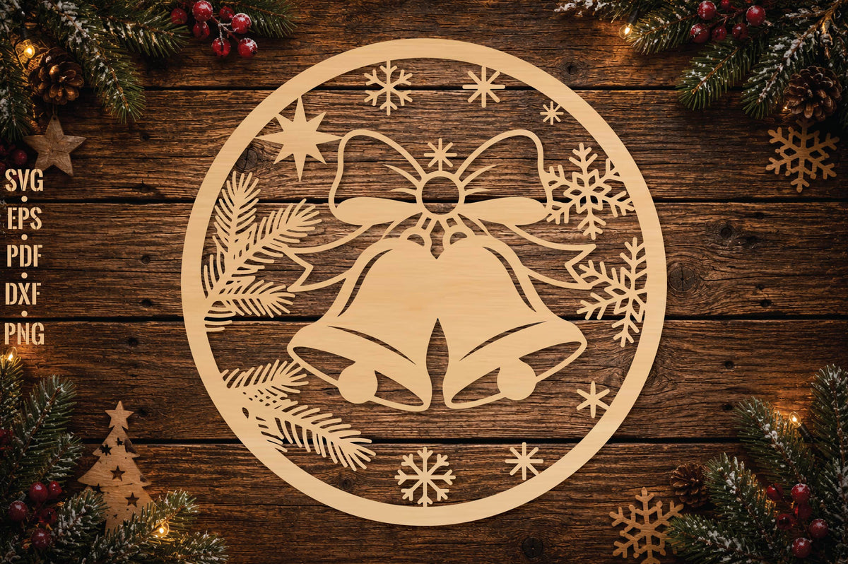 Christmas Bell Ornament Laser Cut SVG, Snowflake Bells Christmas Ornament Cut File
