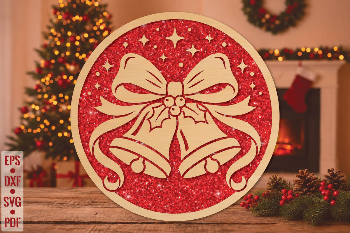 Christmas Bells Bow Round Laser Cut SVG