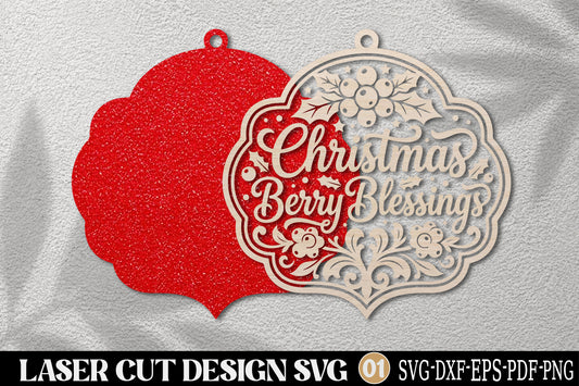 Christmas Berry Blessings Laser Cut SVG | Christmas Ornament Cut File