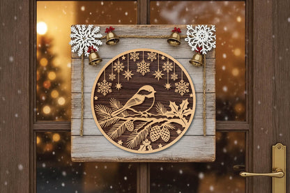 Christmas Bird on Pine Branch Laser Cut SVG, Winter Bird Ornament Cut File