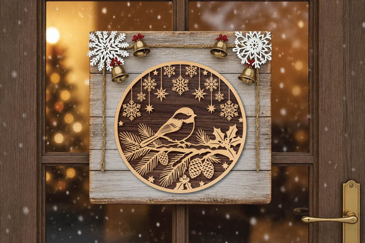 Christmas Bird on Pine Branch Laser Cut SVG, Winter Bird Ornament Cut File