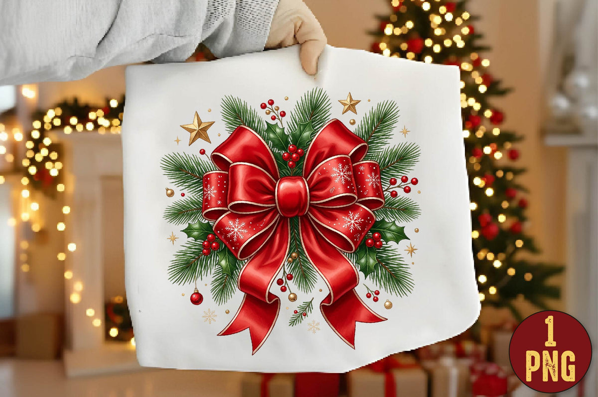 Christmas Bow Wreath PNG, Red Bow Holiday Wreath Sublimation Design, Christmas Holly Pine Branch PNG