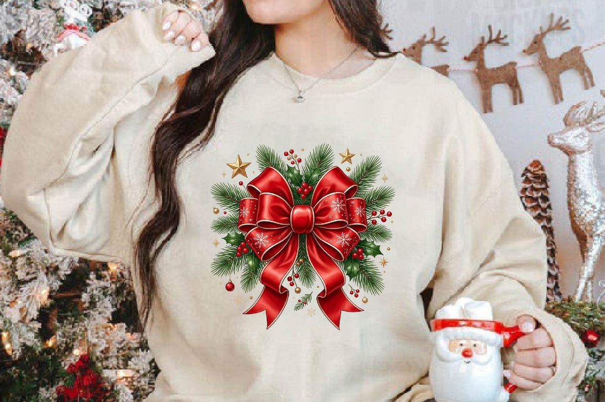 Christmas Bow Wreath PNG, Red Bow Holiday Wreath Sublimation Design, Christmas Holly Pine Branch PNG