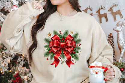 Christmas Bow Wreath PNG, Red Bow Holiday Wreath Sublimation Design, Christmas Holly Pine Branch PNG