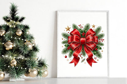 Christmas Bow Wreath PNG, Red Bow Holiday Wreath Sublimation Design, Christmas Holly Pine Branch PNG