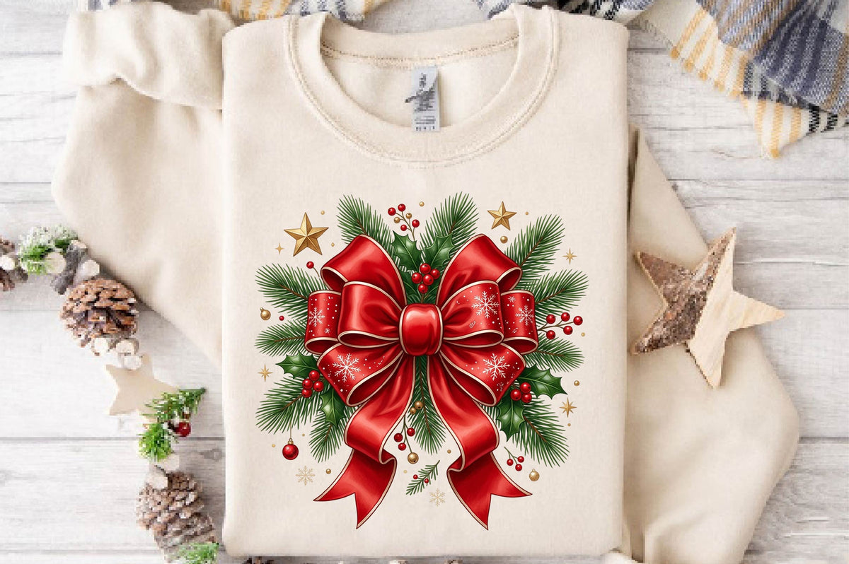 Christmas Bow Wreath PNG, Red Bow Holiday Wreath Sublimation Design, Christmas Holly Pine Branch PNG