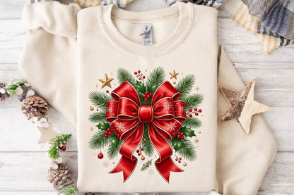Christmas Bow Wreath PNG, Red Bow Holiday Wreath Sublimation Design, Christmas Holly Pine Branch PNG