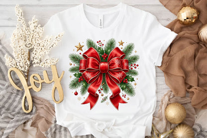 Christmas Bow Wreath PNG, Red Bow Holiday Wreath Sublimation Design, Christmas Holly Pine Branch PNG