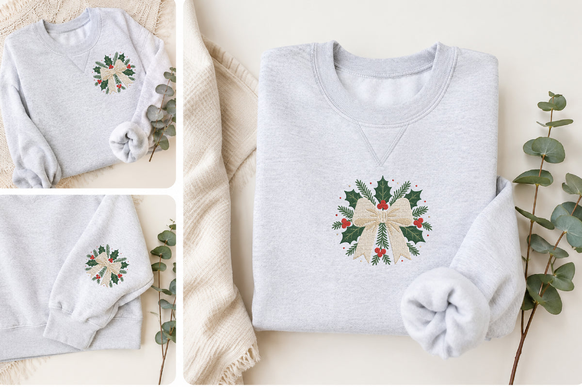 Christmas Bow Holly Embroidery