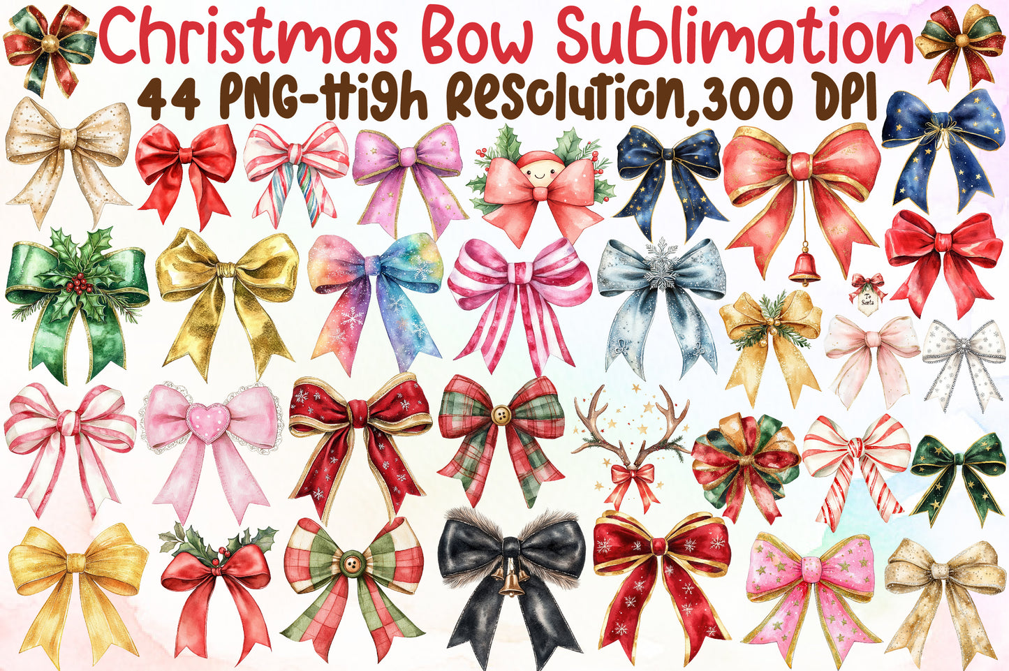 Christmas Bow Sublimation Clipart PNG Bundle