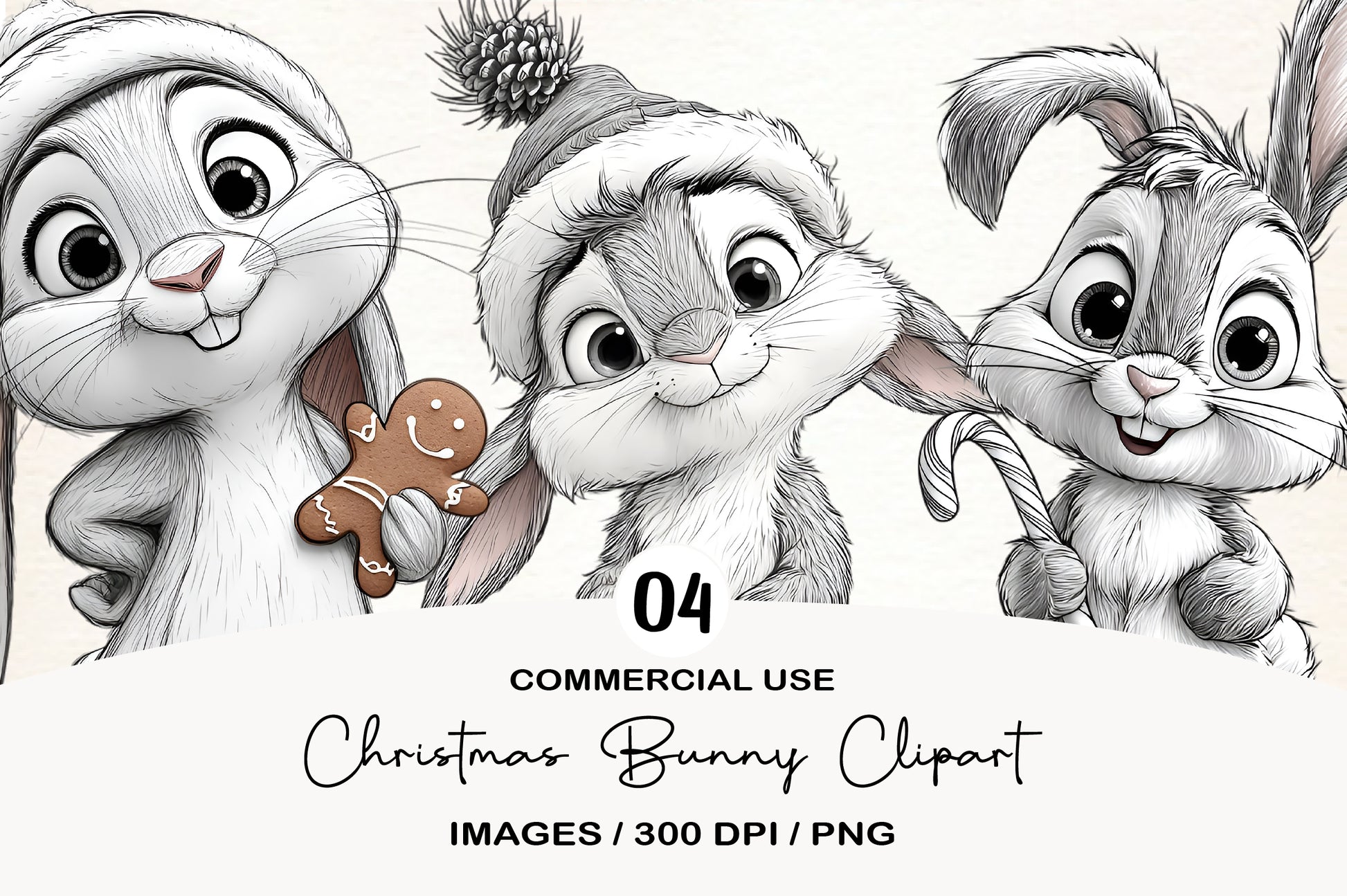 Christmas Bunny PNG | Cute Whimsical Bunny Christmas Clipart | 4 PNG