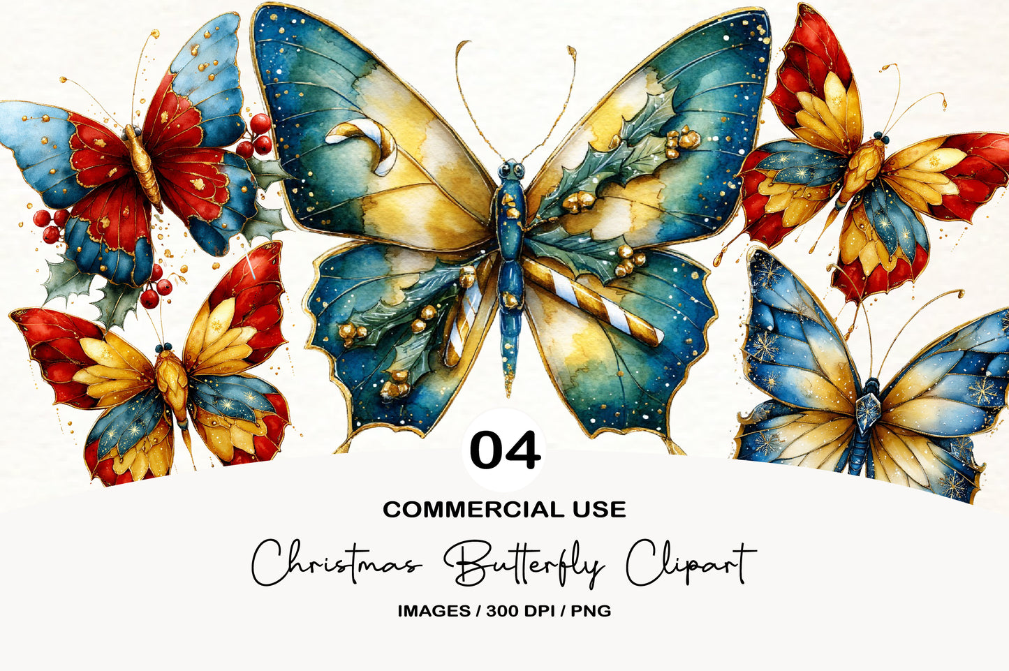 Christmas Butterfly Clipart PNG Bundle | Cute Watercolor Holiday Butterfly Clipart | Festive Winter Butterfly PNG