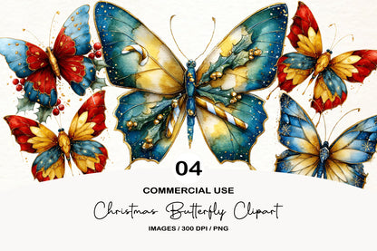 Christmas Butterfly Clipart PNG Bundle | Cute Watercolor Holiday Butterfly Clipart | Festive Winter Butterfly PNG