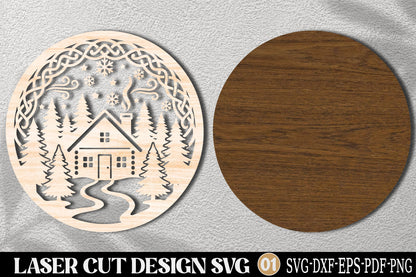 Christmas Cabin Laser Cut SVG | Winter Cabin Christmas Ornament
