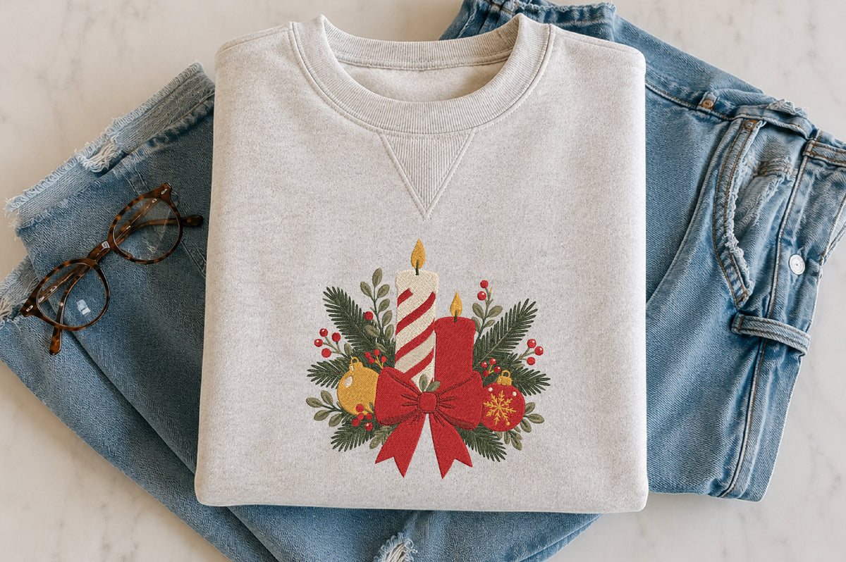 Christmas Candle Embroidery Design – Elegant Christmas Candle Machine Embroidery Pattern, Festive Holiday Embroidery Design