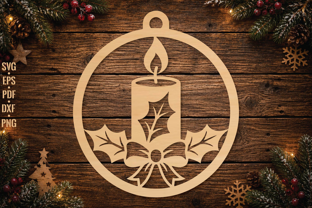 Christmas Candle Ornament Laser Cut SVG, Holly Candle Christmas Ornament Cut File