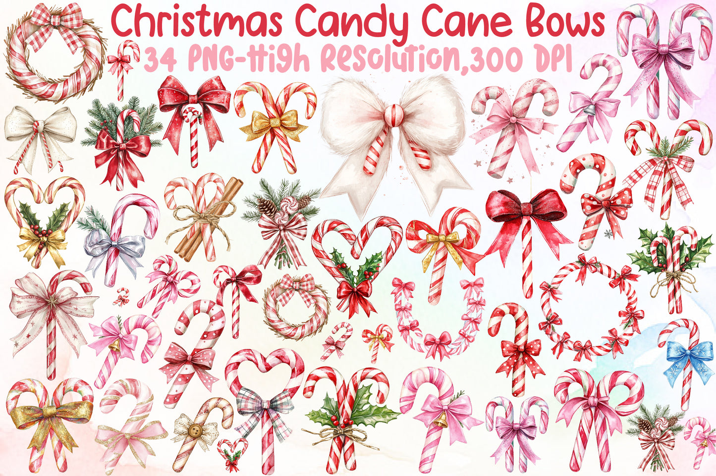 Christmas Candy Cane Bows Clipart PNG Bundle