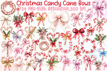 Christmas Candy Cane Bows Clipart PNG Bundle