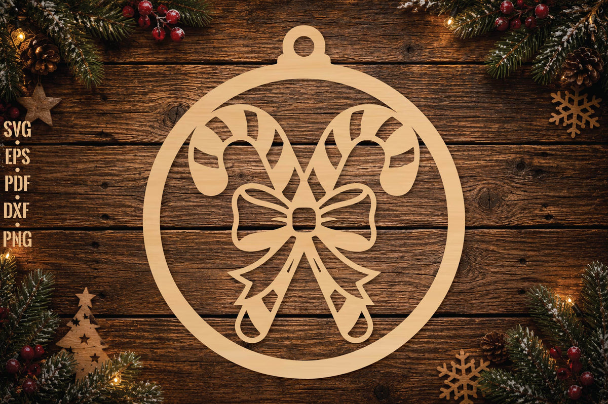 Christmas Candy Cane Ornament Laser Cut SVG, Candy Cane Bow Christmas Ornament Cut File