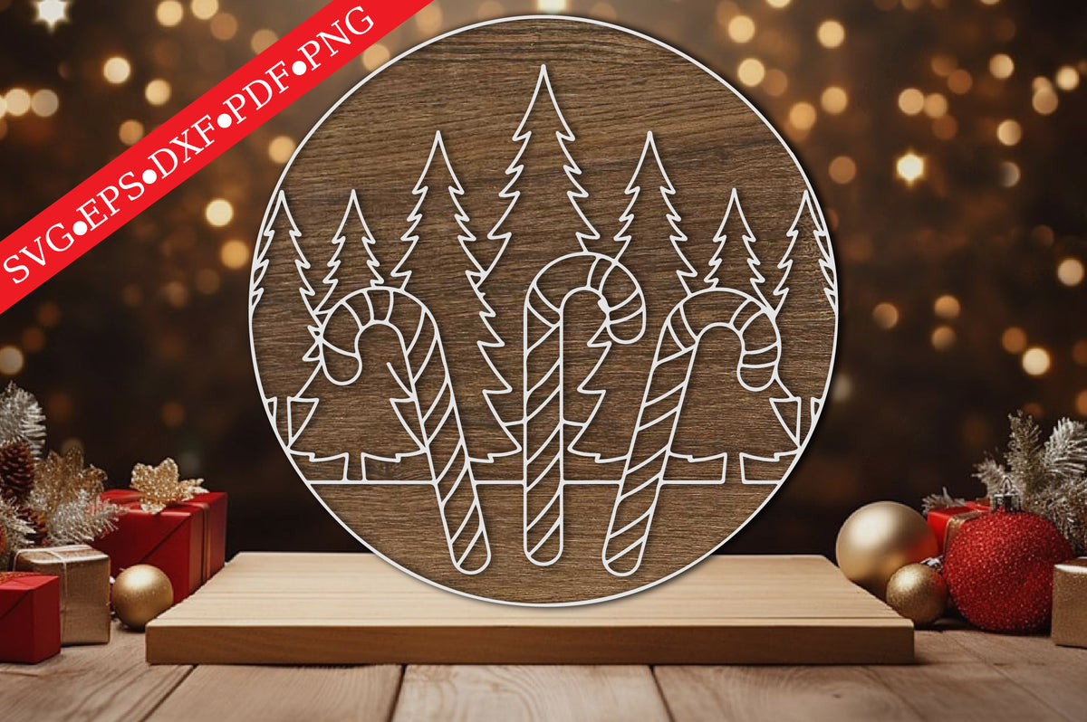 Christmas Candy Cane Round Sign Laser Cut SVG
