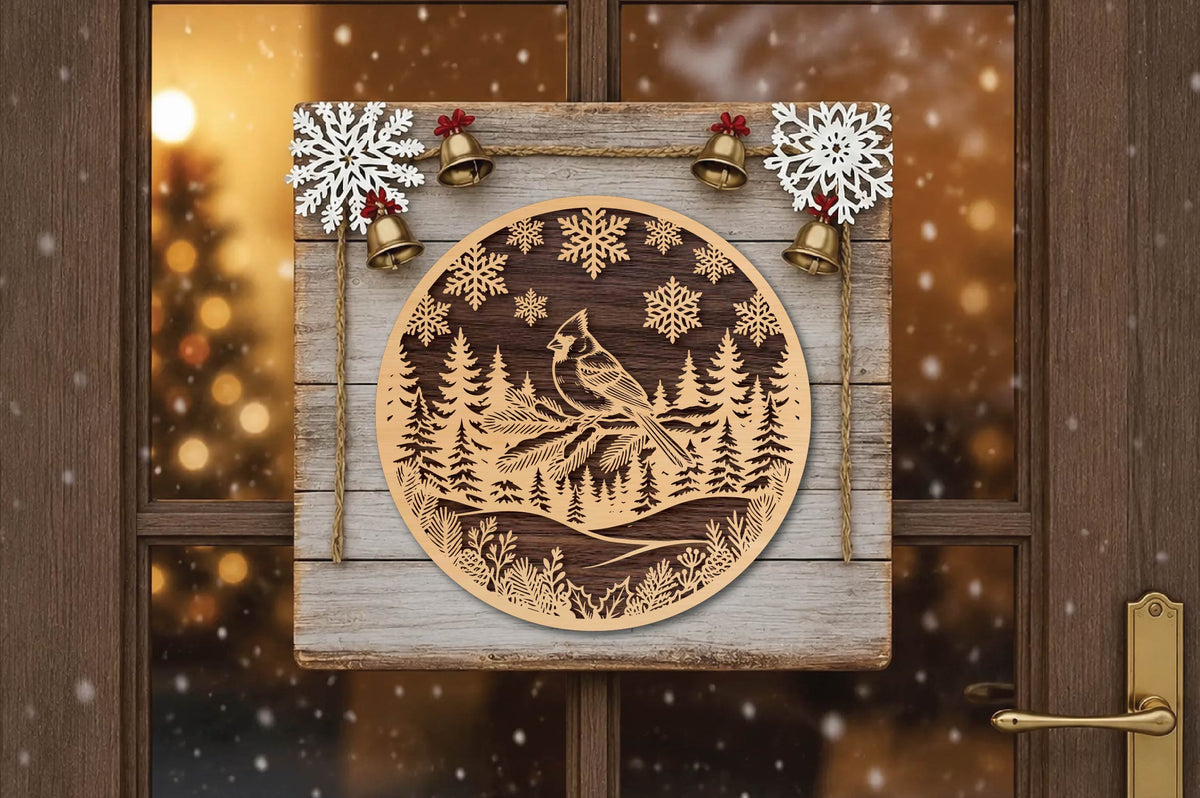 Christmas Cardinal Bird Laser Cut SVG, Winter Cardinal Bird Round Ornament Cut File